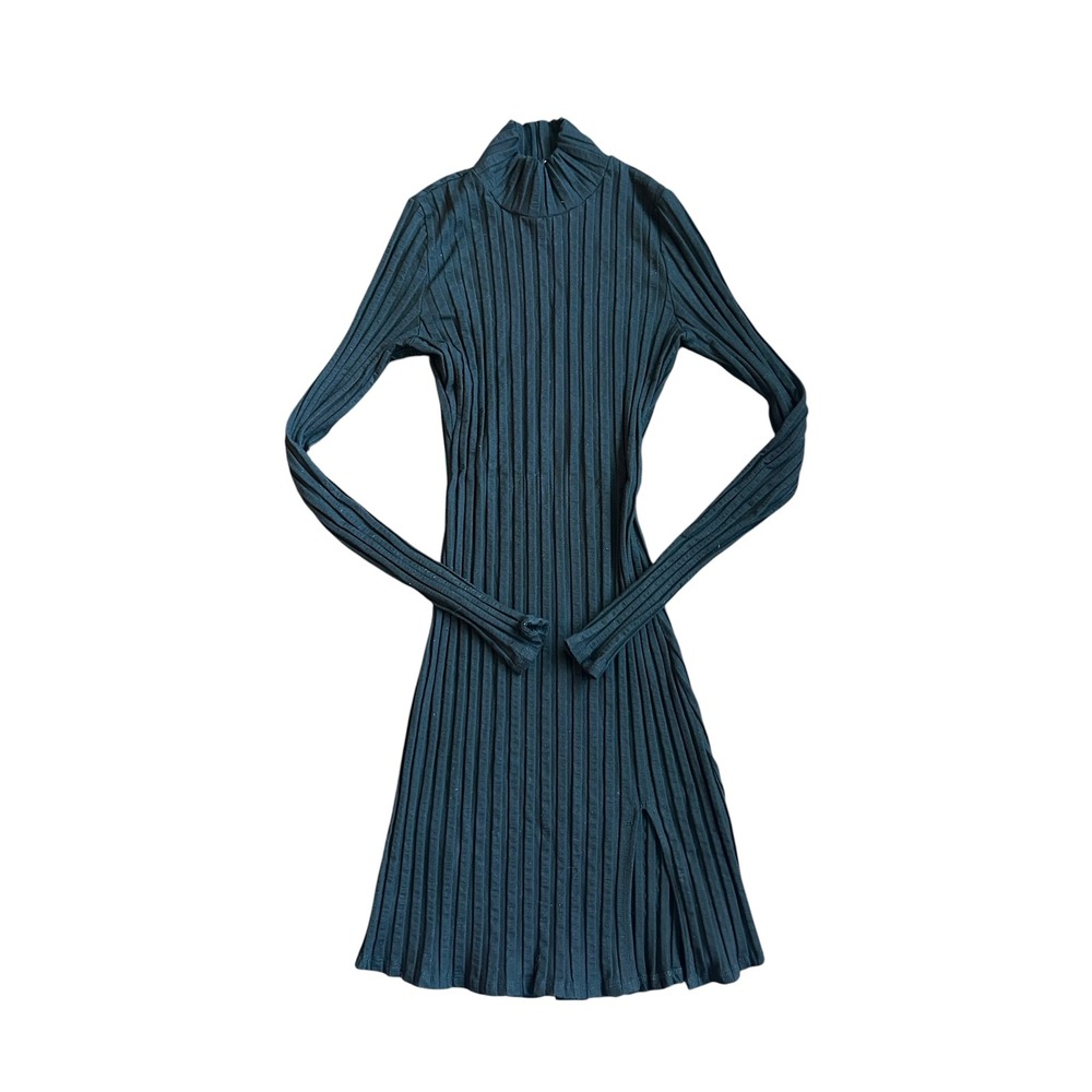 Reformation Libra Black Ribbed Mock Neck Long Sleeve Mini Dress Sz L Side Slit - Picture 3 of 8
